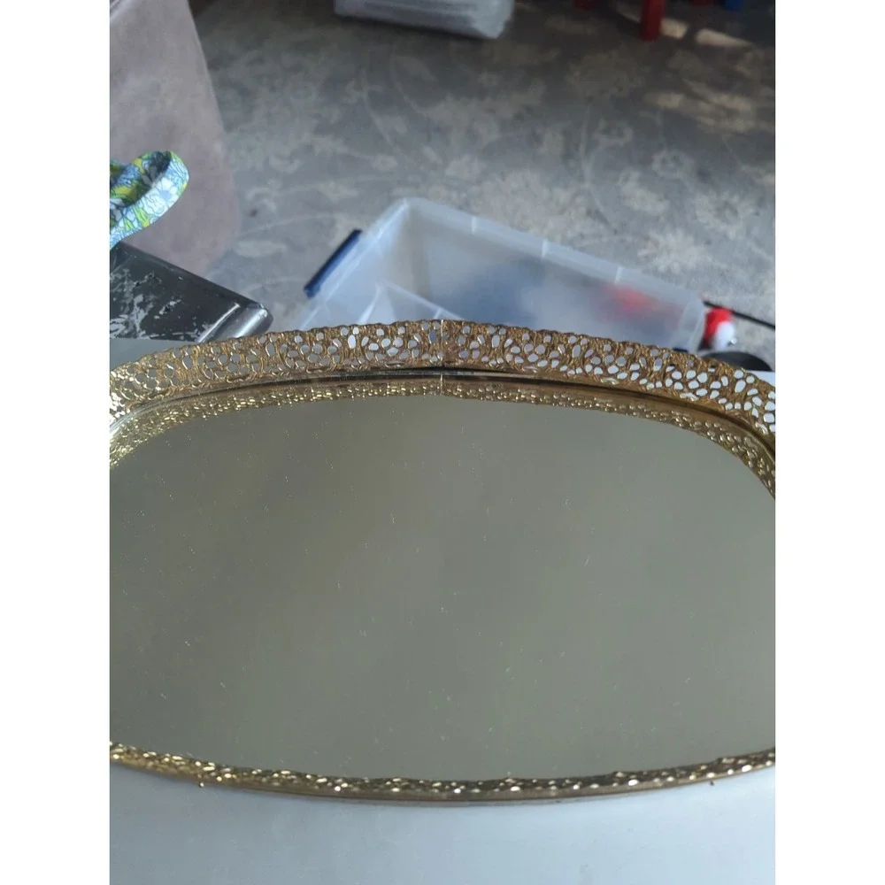 Vintage Mirrored Vanity Tray Oval Gold Filigree Ornate Hollywood Regency